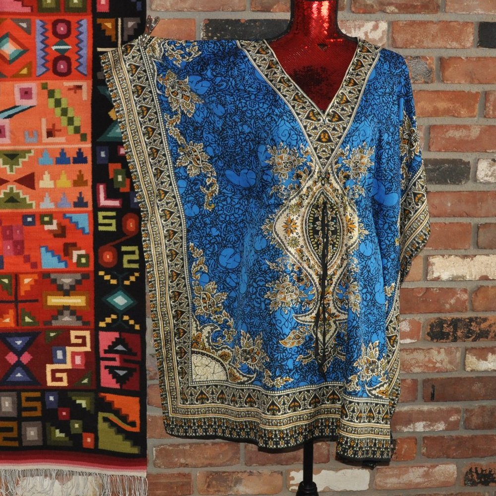 Blue Sparkle Scarf Handkerchief V-Neck Drawstring BOHO Cover-up SUMMER DRESS O/S
